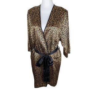Secret Treasures Leopard Print Satin Robe Black Trim Short Kimono Sleeve Small